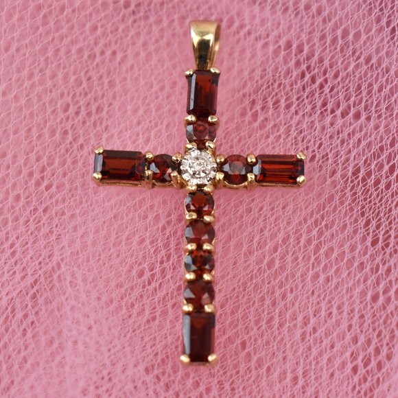 Garnet and diamond cross pendant solid 10K gold - Picture 7 of 12